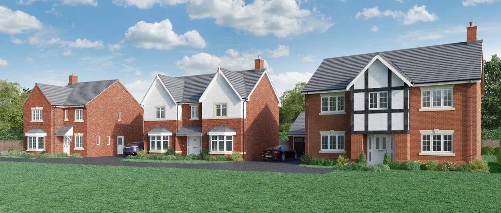 Exterior shot of three large homes at Castle Donnington
