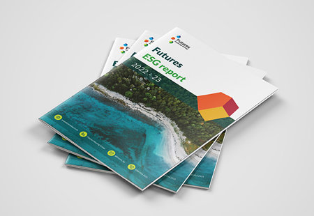 photograph of a small stack of Futures 2023 ESG report lying on a white surface