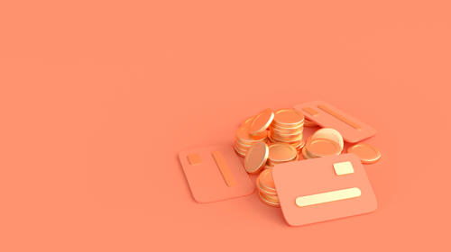 Stylised photo of orange 'coins' and bank cards against an orange background