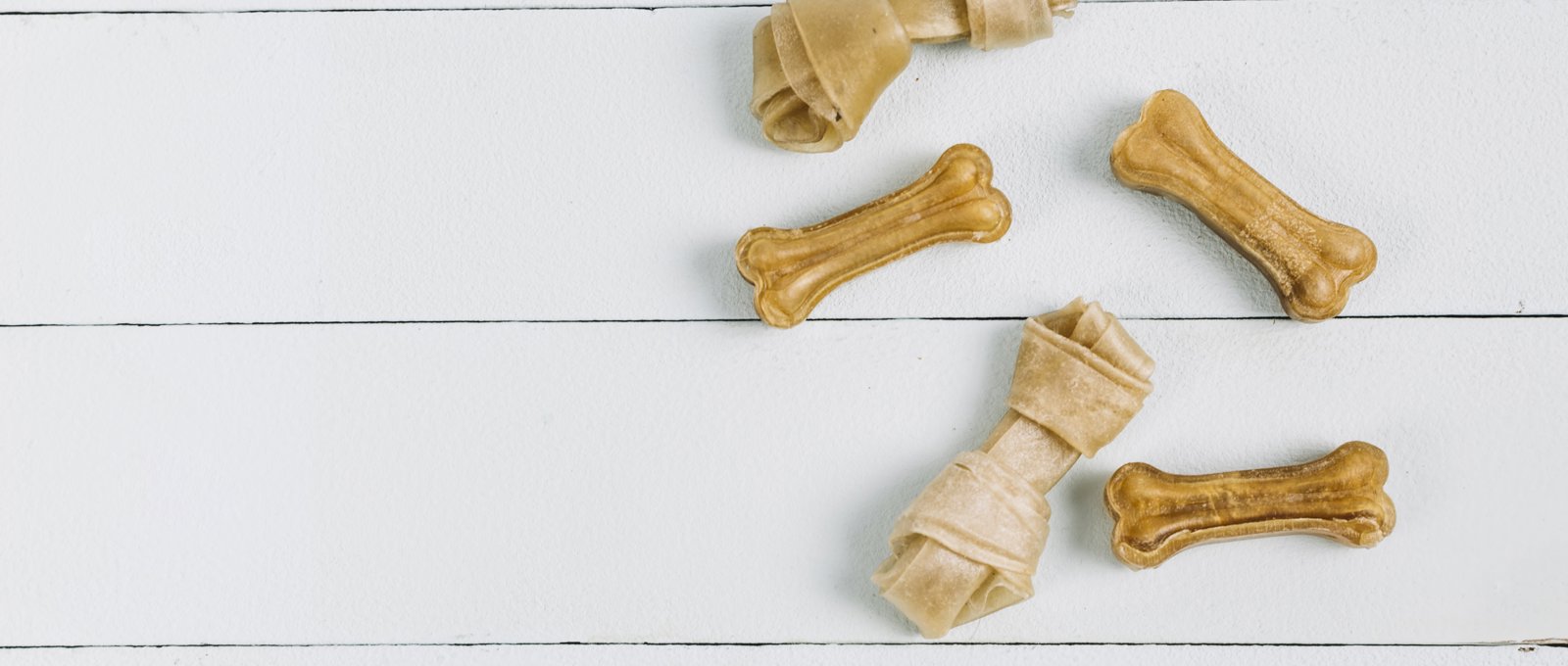 Five chewing dog bones on a white wooden background